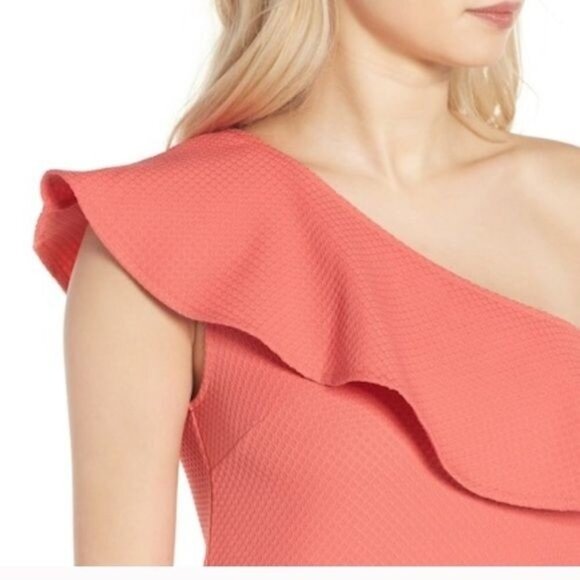 Cupcakes & Cashmere Women's Size S One Shoulder Ruffle Sheath Mini Dress Coral - Picture 4 of 10